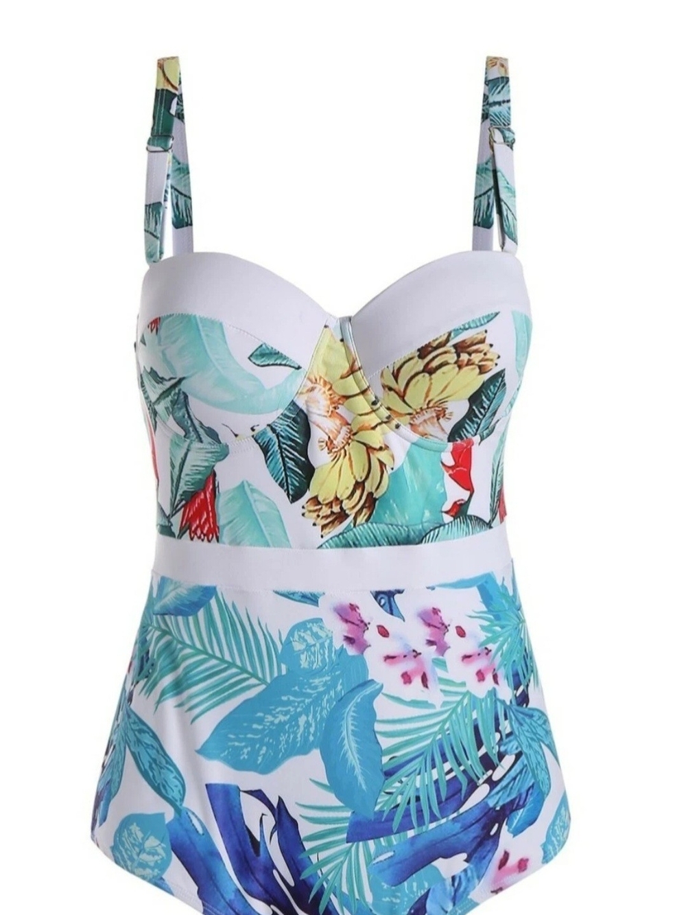 Tropical Floral One-Piece Swimsuit in White and Aqua